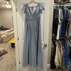 Azazie Blue Pleated Maxi Dress V-Neck Flutter Sleeve